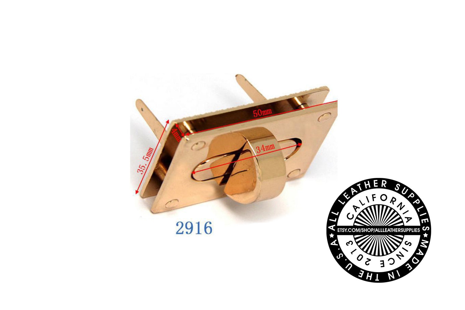 Gold Metal Rectangle Turn Lock, 50 mm x 35 mm Turn Lock, Metal Lock, (2916)
