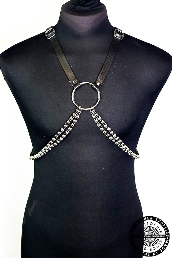 Leather Chest Harness w/ metal chain Gothic Leather Harness with Metal Rings and Chains | Castle  main image 3