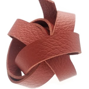 May include: A close-up of a knotted strip of reddish-brown leather. The leather has a textured surface and is arranged in a complex, intertwined pattern against a white background. The image highlights the material's color and texture.