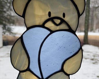 Handmade Stained Glass Teddy Bear Holding Heart