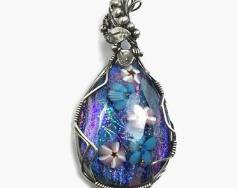 Art Glass Pendant Sterling, Blue Fused Glass Cabochon Silver, Statement Flower Jewelry