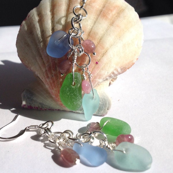 Sea Glass Earrings, Pink Tourmaline Earrings, Silver Metalwork, Long Dangles, Multi-coloured Sea Glass, Jewelry Handmade, Beach Glass,