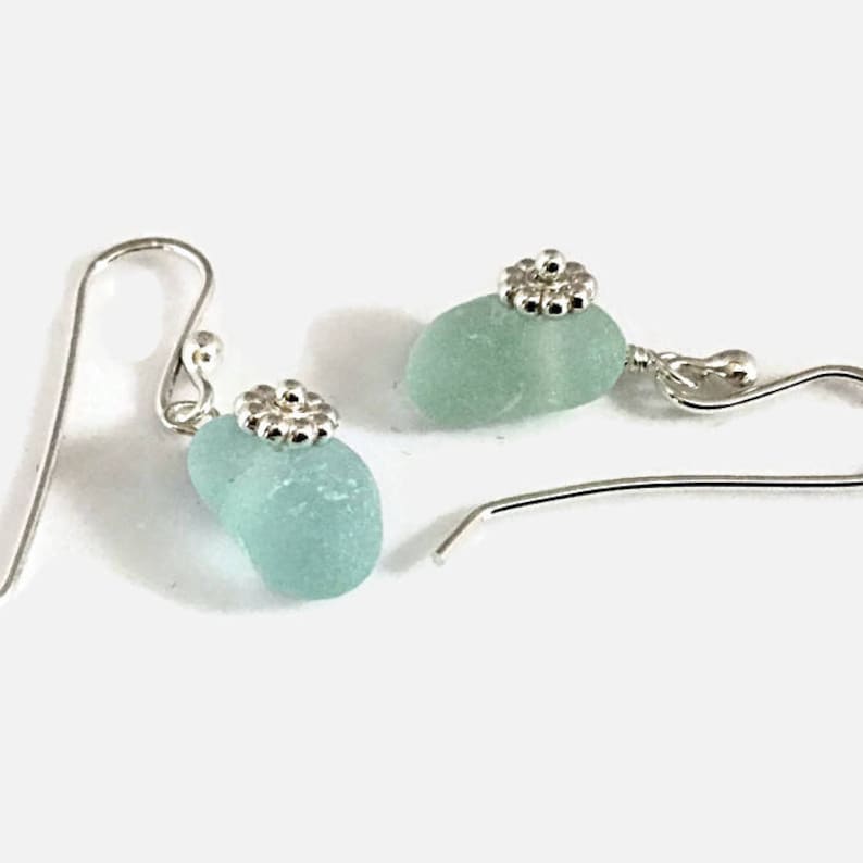 Seafoam Sea Glass Earrings Wired with Sterling Silver English Beach Glass Ocean Inspired Artisan Jewelry