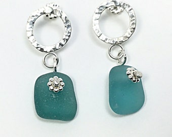 Sea Glass Sterling Post Earrings, Teal Beach Glass, Ocean Inspired, Gift for Wife, Wire Wrapped