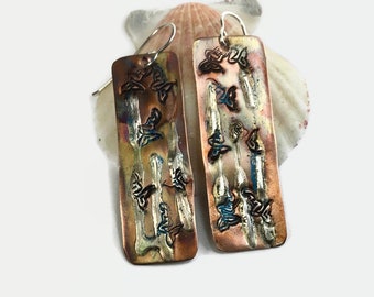 Sterling Silver on Copper, Steampunk Earrings, Mermaid Flame Painted Jewelry, Mixed Metal