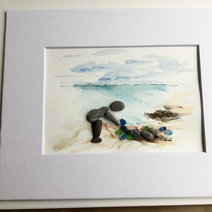 Sea Glass Hunter, Mixed Media Beach Cottage Decor, House Warming, Beach Lover
