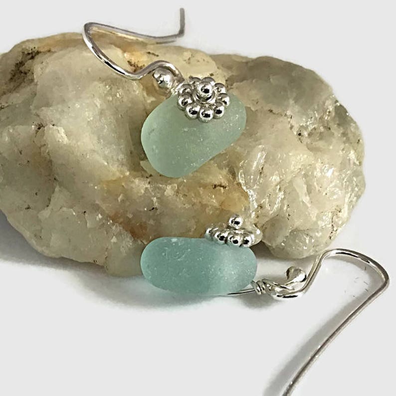 Seafoam Sea Glass Earrings Wired with Sterling Silver English Beach Glass Ocean Inspired Artisan Jewelry