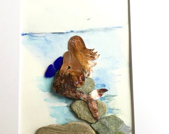 Mixed Media Art, Cottage Decor, Beach Glass Lover, Mermaid Picture, Metalwork