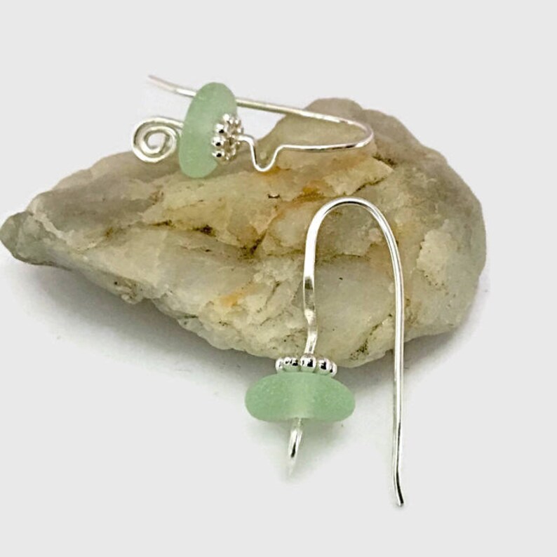 Handcrafted Silver Jewelry Unisex Adults Pale Green Beach Glass Sterling Silver Earrings California Sea Glass