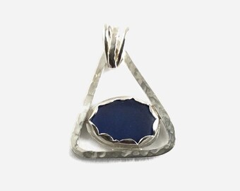 Bezel Set Blue Sea Glass, English Beach Glass Sterling Necklace, Triangle Pendant