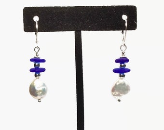 Coin Pearl with Blue Sea Glass Earrings, Sterling Silver Jewelry, Gift for Wife