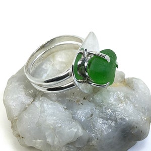 Argentium Sterling Silver Sea Glass Ring, Green Beach Glass Size 7 3/4