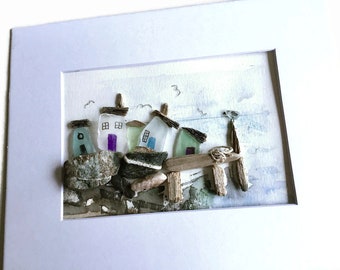 Coastal Village Wall Hanging, Sea Glass Art, Beach Pebble Collage, House Warming Gift, Beach Lover, Handmade Gift