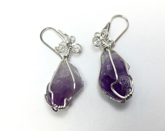 Raw Amethyst Earrings Wrapped with Sterling Silver, February Birthstone, Druzy Stone, Rustic Jewelry, Purple Crystal