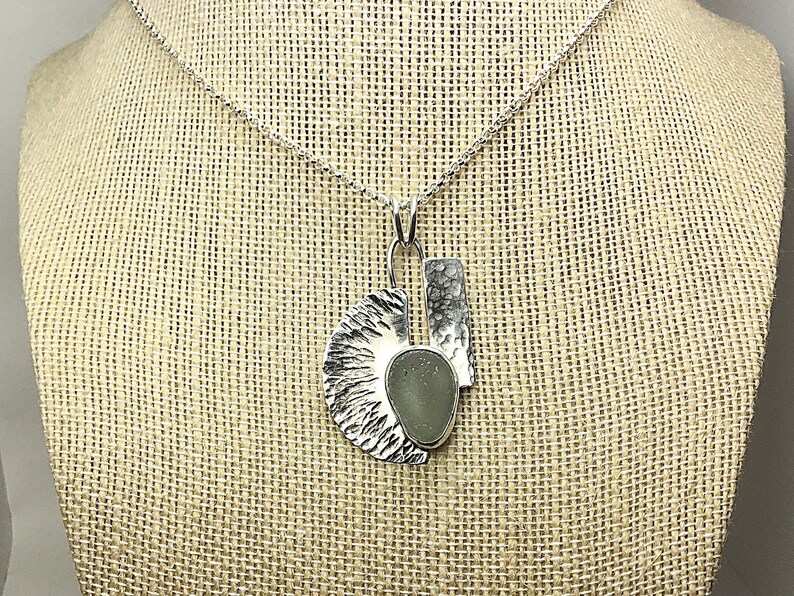 Wedding Necklace Grey Sea Glass Silver Pendant Gift for Wife Contemporary Sterling Silver Jewelry