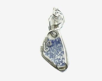 Blue Beach Pottery Necklace, Wrapped Sterling Silver, Sea Shard, Beach Find