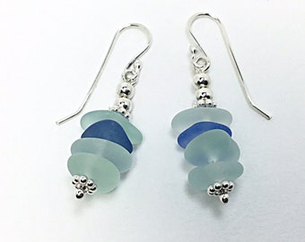 Sea Foam and Blue Sea Glass Earrings, Sterling Silver, Handcrafted Beach Glass Jewelry, Secret Santa
