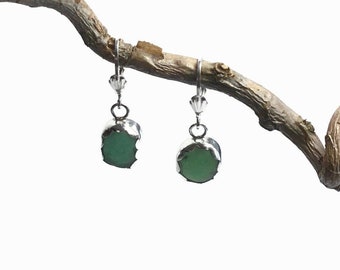 Green Beach Glass Earrings, Sterling Silver Jewelry, English Sea Glass, Mother Gift