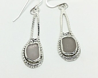 Lilac Beach Glass Bezel Set, Sterling Silver Earrings,, Handmade Jewelry, Mother Gift