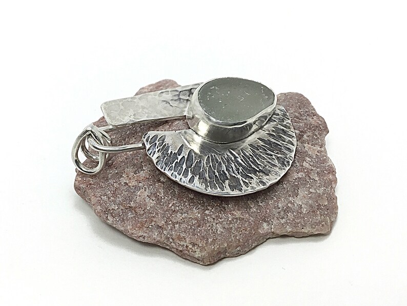 Wedding Necklace Grey Sea Glass Silver Pendant Gift for Wife Contemporary Sterling Silver Jewelry