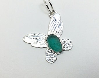 Insect Necklace Silver, Turquoise Sea Glass, Butterfly Jewelry,  English Multi Glass, Friend Gift