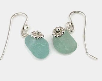 Seafoam Sea Glass Earrings Wired with Sterling Silver, English Beach Glass, Ocean Inspired Artisan Jewelry