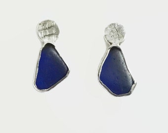 Beach Glass Studs, Sterling Silver Posts, Blue Beach Glass Jewelry, Wife Gift