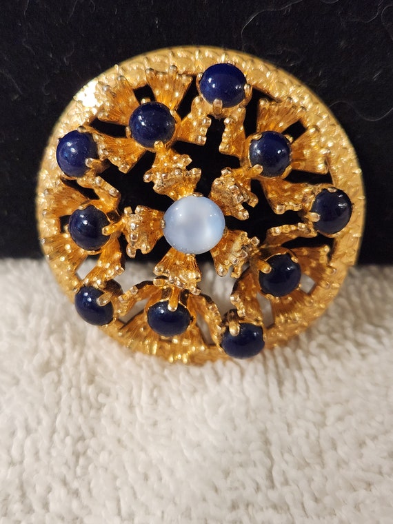 Goldtone Brooch with Dark and Light Blue Cabachons