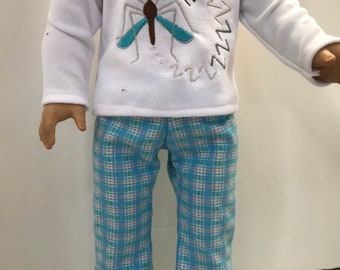 Embroidered tee with flannel pants make the perfect sleep set for 18 inch doll