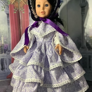 6 piece 1850 day dress with pelerine,spoon bonnet, undersleeves and corded petticoat for 18 inch doll