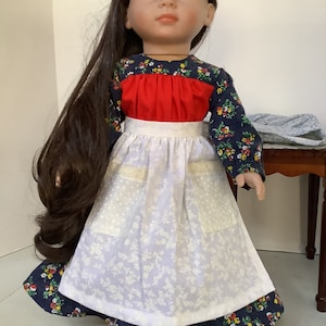 1850 historically accurate prairie dress, includes long dress, petticoat, apron and bonnet for 18 inch doll.