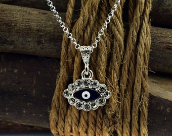 Evil Eye Necklace, Greek Mati Pendant Charm, Nazar, Sterling Silver, Gift for Her and Him