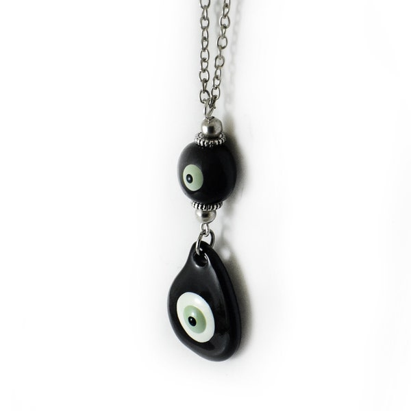 Ceramic Evil Eye Hanging, Car Rearview Mirror Charm Hanger Dangler, Black Ceramic Charm and Bead, Evil Eye Ornament, Car Accessories