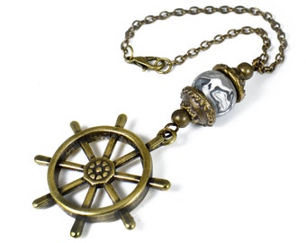 Antique Bronze Rearview Car Mirror Charm, Grey Jasper Bead, Ship Wheel Charm, Car Decoration