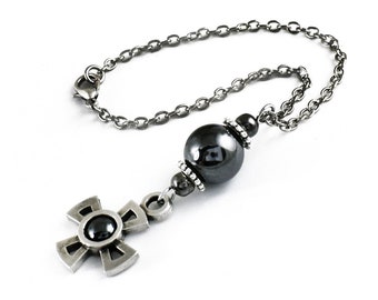 Rearview Car Mirror Charm, Car Hanger Ornament, Hematite Bead, Christian Cross Charm, Car Decoration