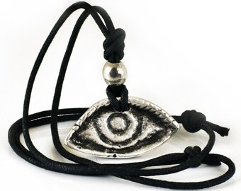 Evil Eye Necklace with Large Silver tone Eye Pendant on Waxed Cotton Cord, Greek Mati, Eye Jewelry Accessory, Adjustable