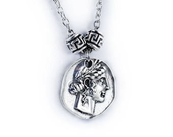 Greek Coin Necklace, Apollo God and Lion Head Pendant Charm, Coin Jewelry, Men Necklace Greek Jewellery, Unisex