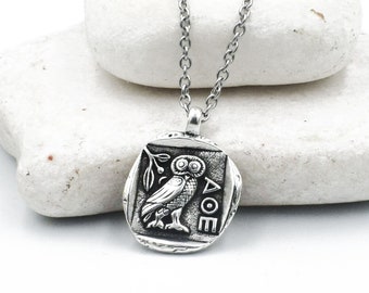 Greek coin necklace on stainless steel chain, Owl of Athena, Greek Gifts, Unisex