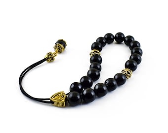 Worry Beads, Komboloi with Black Onyx Beads and Golden Metal Master Bead, Valentines gifts