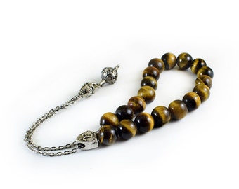 Komboloi, Worry Beads with Tiger Eye Beads and Silver tone Metal Master Bead on Chain, Fathers Day gifts