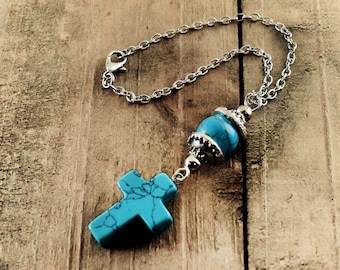 Howlite Turquoise Car Rear view Mirror Charm Accessories Ornament Hanger, Religious Christian Cross Dangler Gift