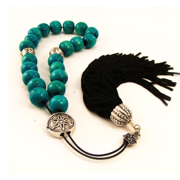 Greek Worry Beads Komboloi Blue Wood Beads with Silvertone Shield Bead & Black Tassel