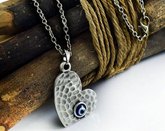 Evil Eye Necklace, Heart Eye Pendant, Greek Mati Jewelry Gift