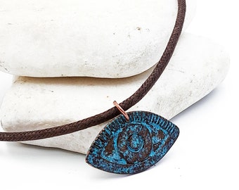 Greek Evil Eye Necklace with Large Patina Pendant, Greek Mati, Unisex Gift