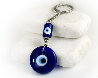 Evil eye keychain Keyring with Blue Glass Eye Bead and Charm, Greek Mati