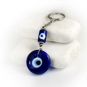 Evil eye keychain Keyring with Blue Glass Eye Bead and Charm, Greek Mati