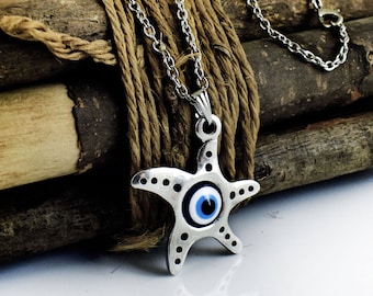 Evil eye necklace, Starfish Pendant, Greek Mati, Hamsa, Nazar, Evil Eye Jewelry, Summer Necklace
