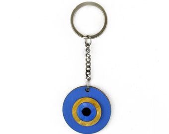 Evil eye keychain Car Keyring with plexi and wood blue Eye, Greek Mati, Nazar
