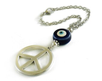 Rearview Car Mirror Charm, Evil Eye Car Mirror Ornament, Blue Ceramic Eye Bead and Silver Plated Peace Sign, Car Decoration, New Car Gift
