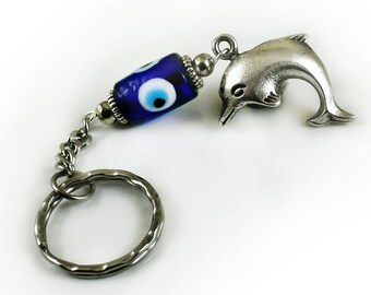 Evil eye keychain Keyring with Blue Glass Eye Bead and Metal Dolphin Charm, Greek Mati